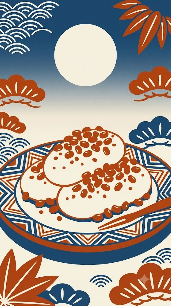 小豆をまぶしたフチャギ（餅）と満月のイラスト
