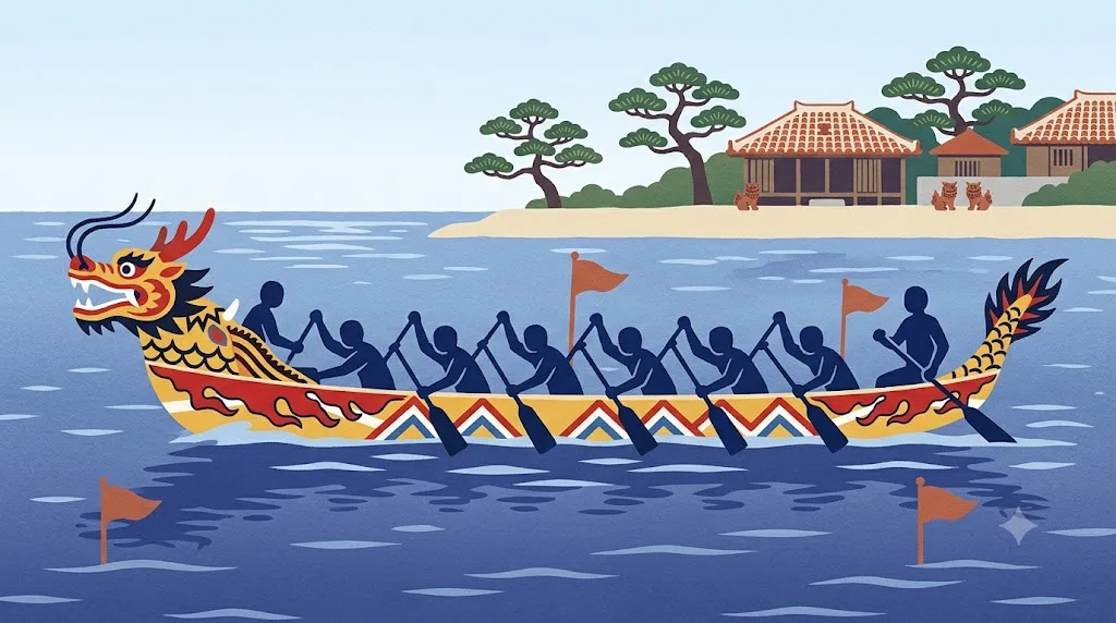 龍頭の爬龍船（ハーリー）を漕ぐ様子のイラスト